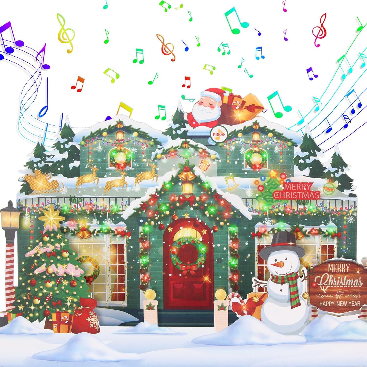 Interactive Magical Snowman Christmas Tree Jesus Santa Claus Religious Pop Up 3d Paper Christmas Greeting Card with Red Envelope & Lights