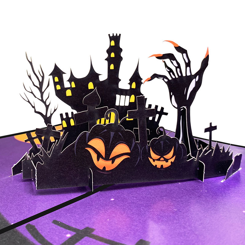 Purple interactive spooky haunted house witch ghost pumpkin pop up 3d paper halloween greeting card