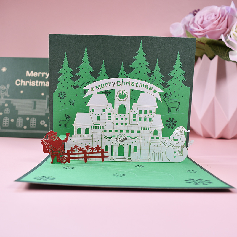 Interactive Magical Snowman Green Christmas Tree Jesus Santa Claus Religious Pop Up 3d Paper Christmas Greeting Card