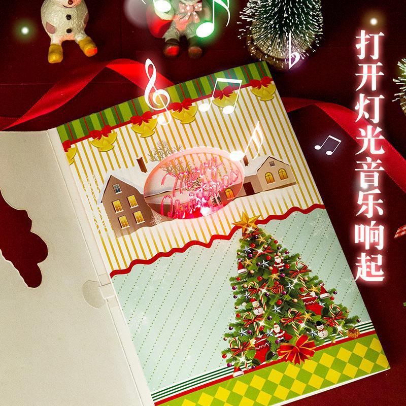 Interactive Magical Holiday Characters Snowman Christmas Tree Jesus Santa Claus Religious Pop Up 3d  Light and Music Paper Christmas Greeting Card