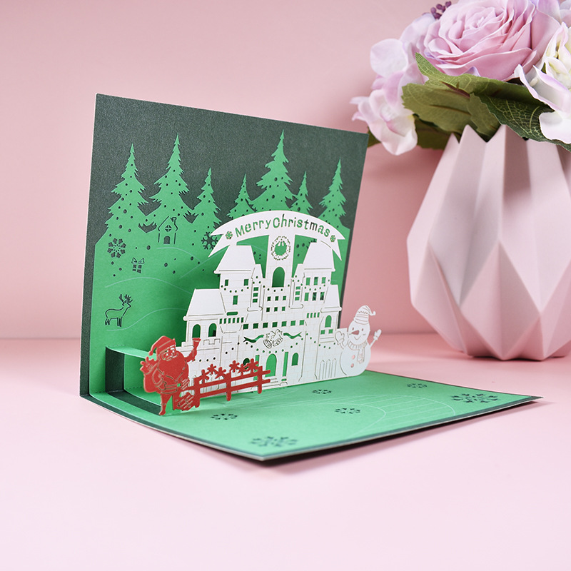 Interactive Magical Snowman Green Christmas Tree Jesus Santa Claus Religious Pop Up 3d Paper Christmas Greeting Card