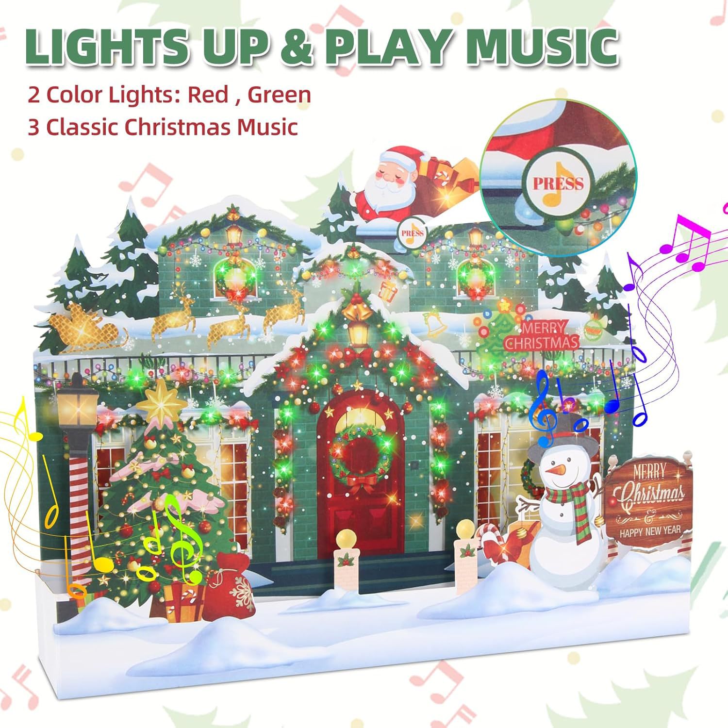 Interactive Magical Snowman Christmas Tree Jesus Santa Claus Religious Pop Up 3d Paper Christmas Greeting Card with Red Envelope & Lights