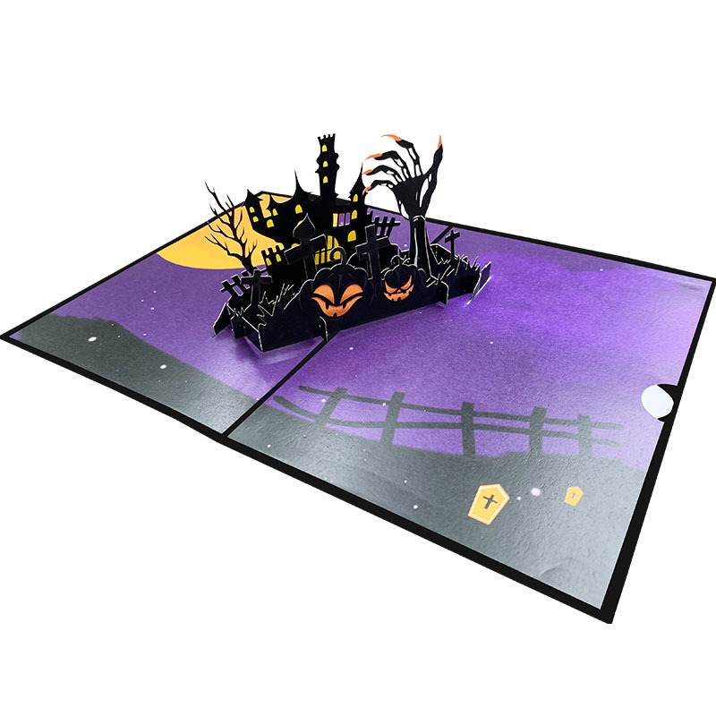 Purple interactive spooky haunted house witch ghost pumpkin pop up 3d paper halloween greeting card
