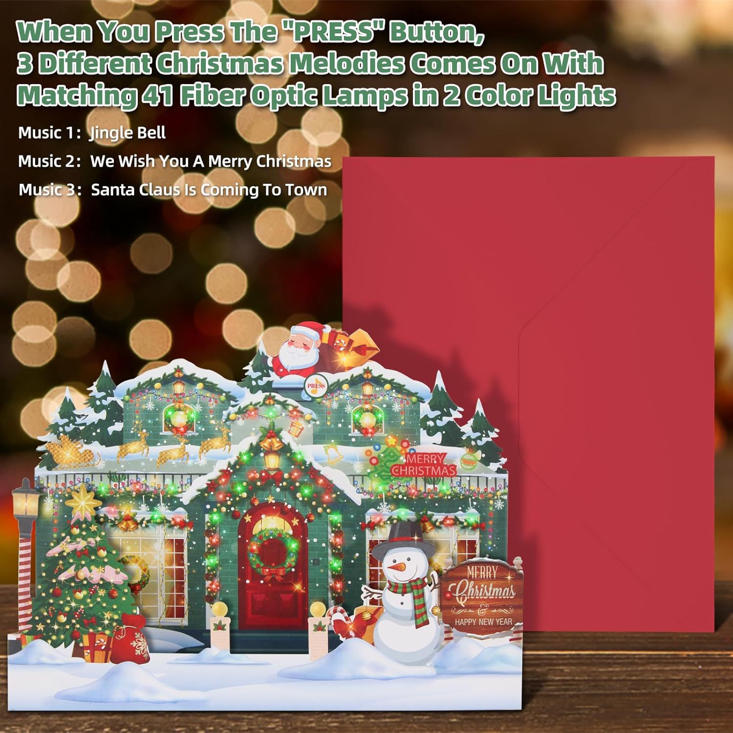 Interactive Magical Snowman Christmas Tree Jesus Santa Claus Religious Pop Up 3d Paper Christmas Greeting Card with Red Envelope & Lights