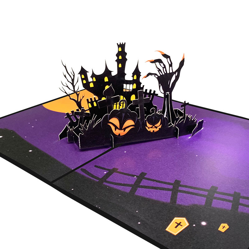 Purple interactive spooky haunted house witch ghost pumpkin pop up 3d paper halloween greeting card