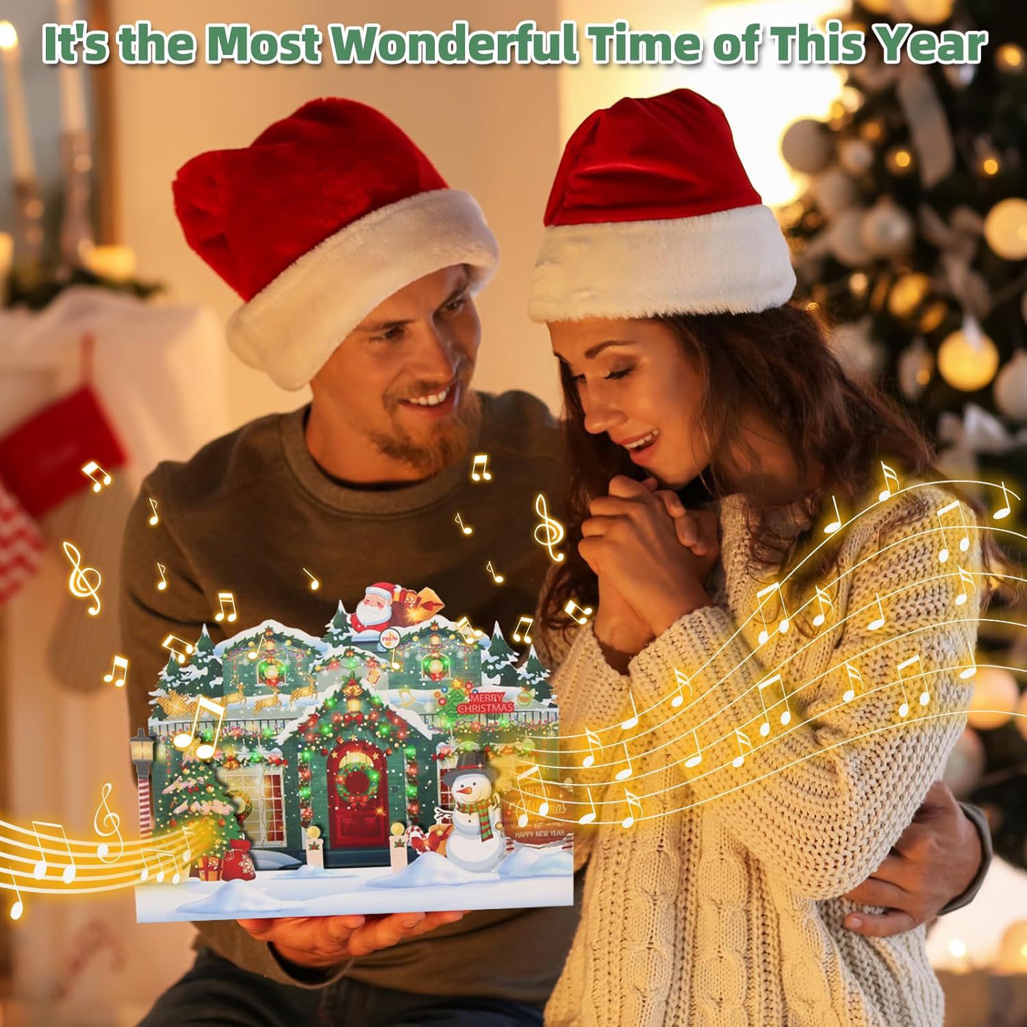 Interactive Magical Snowman Christmas Tree Jesus Santa Claus Religious Pop Up 3d Paper Christmas Greeting Card with Red Envelope & Lights