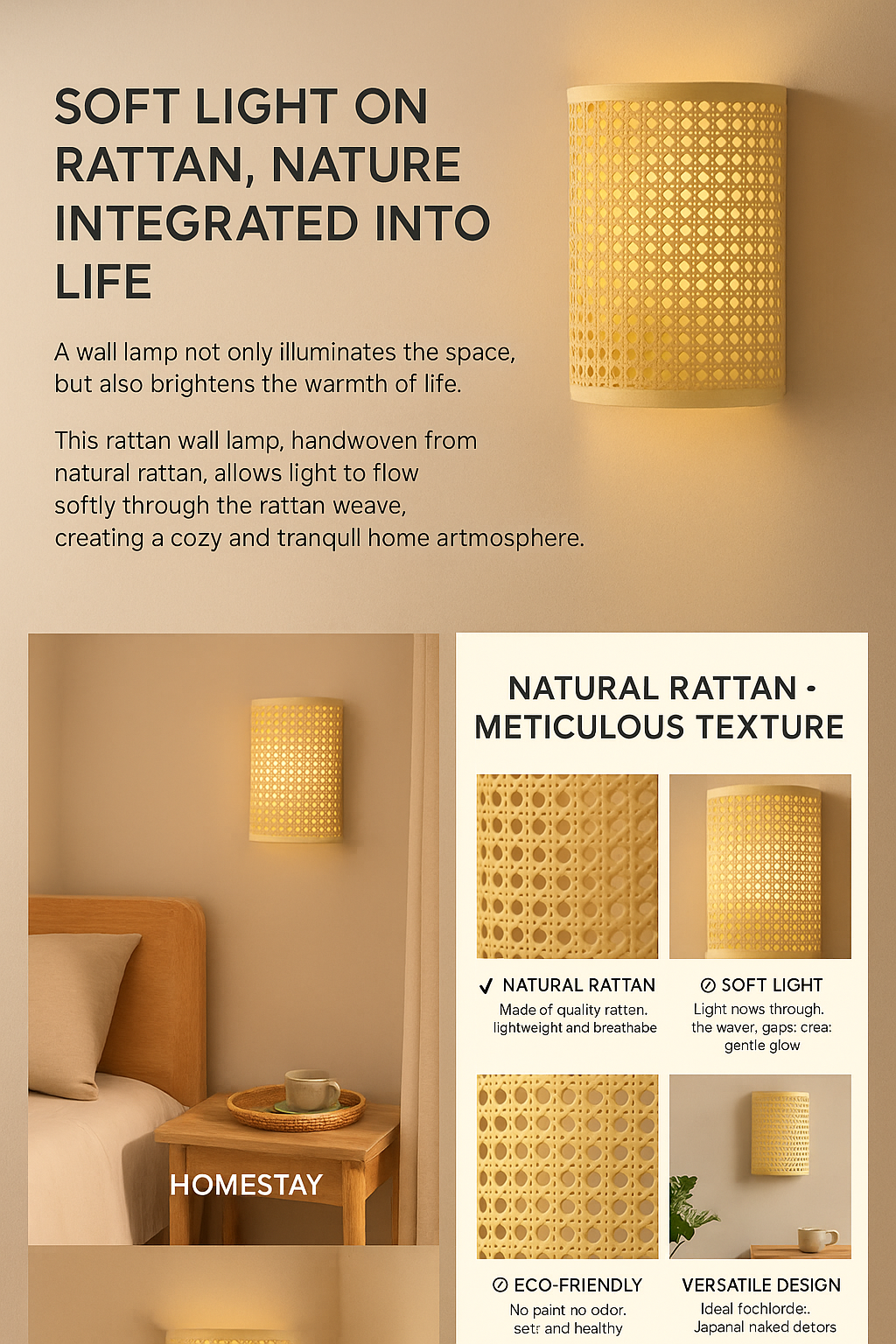 Natural Rattan Wall Sconce Lamp Handwoven Boho Wall Light