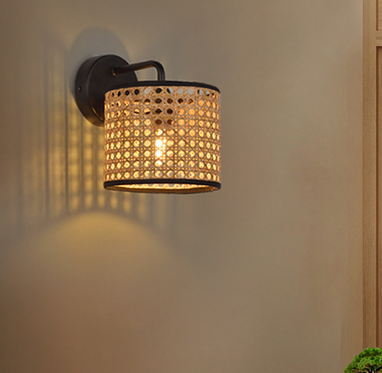 Handmade Rattan Wall Lamp Vintage Boho Woven Sconce Light Fixture for Home Decor