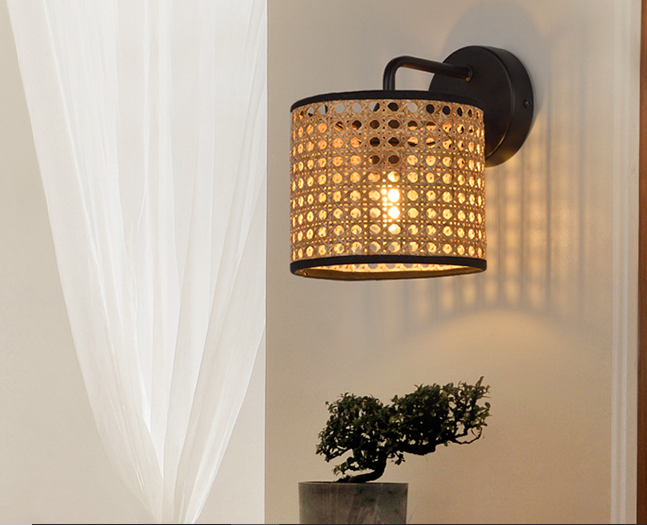 Handmade Rattan Wall Lamp Vintage Boho Woven Sconce Light Fixture for Home Decor
