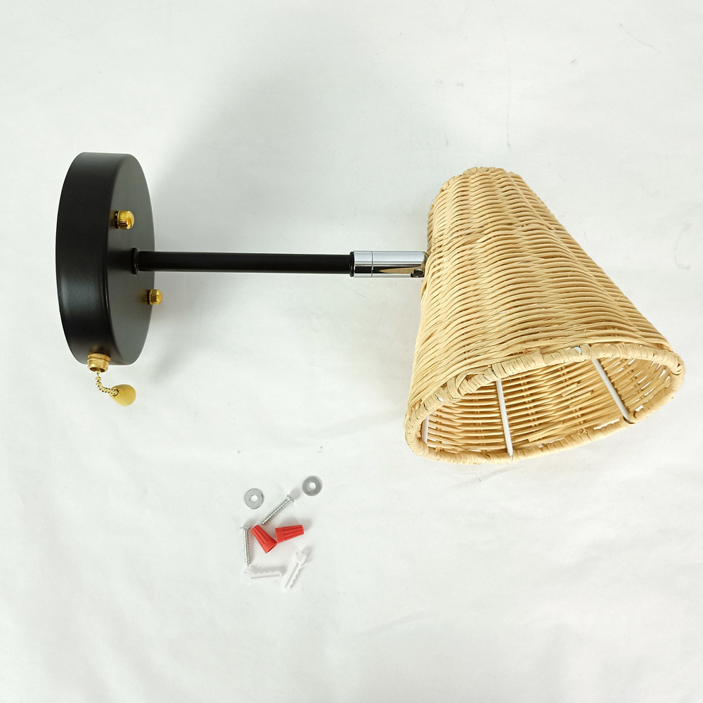 Vintage Woven Rattan Wall Sconce – Cone Shade Bedside Light with Pull Chain