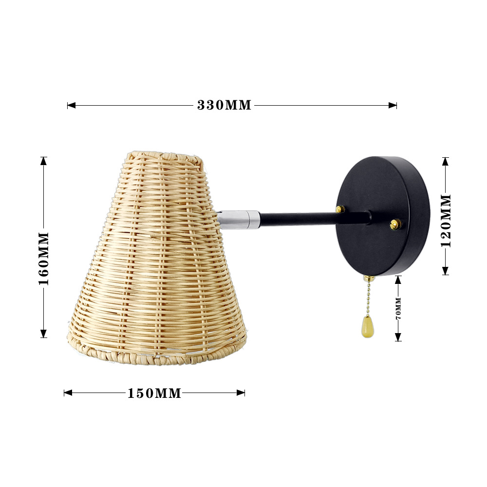Vintage Woven Rattan Wall Sconce – Cone Shade Bedside Light with Pull Chain