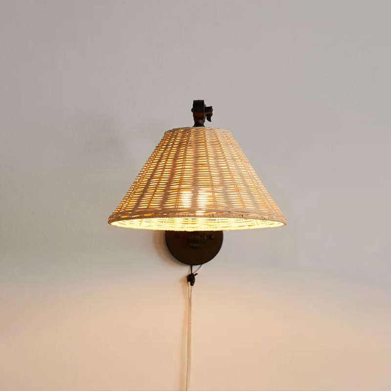 Rattan Wicker Wall Lamp with Adjustable Arm, Rustic Modern Boho Sconce for Living Room & Bedroom