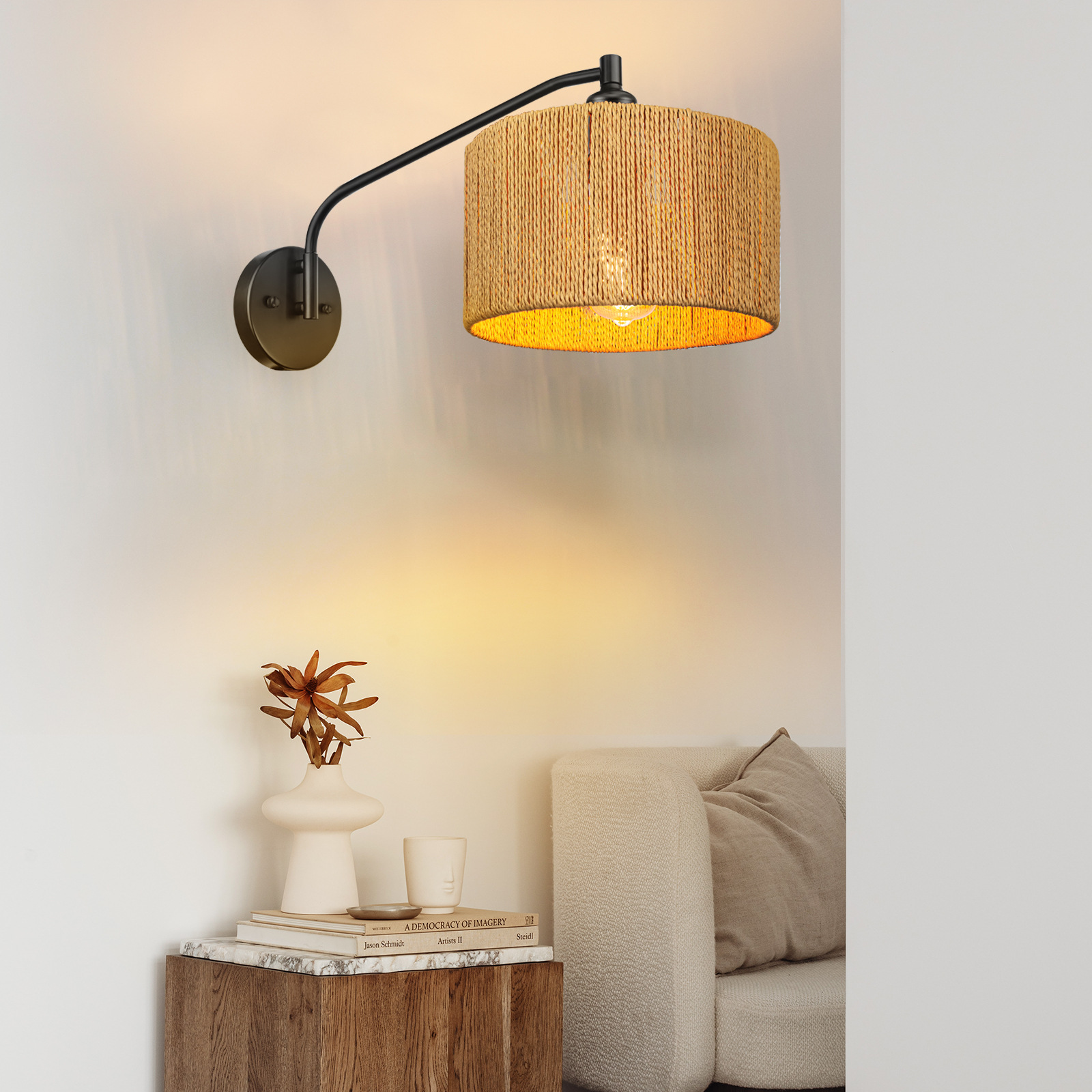 Modern Woven Wall Lamp, Adjustable Arm Rattan Sconce for Bedroom, Living Room, Cafe