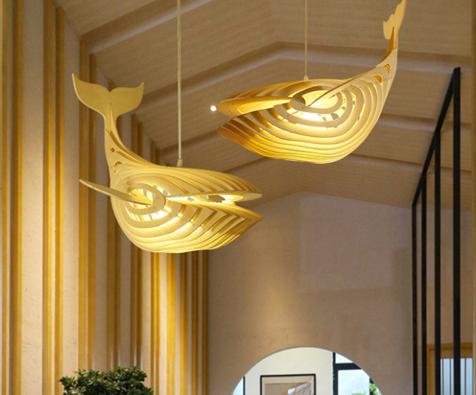 Whale-Shaped Wooden Veneer Pendant Light - Handcrafted Decorative Lamp