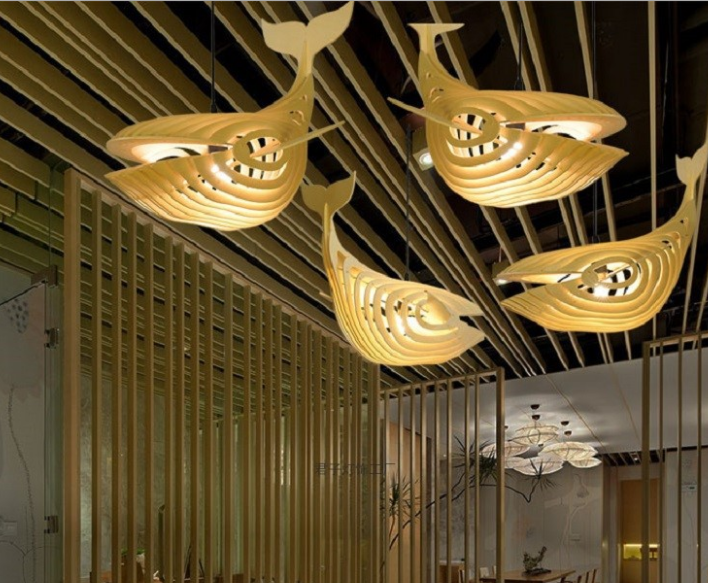 Whale-Shaped Wooden Veneer Pendant Light - Handcrafted Decorative Lamp