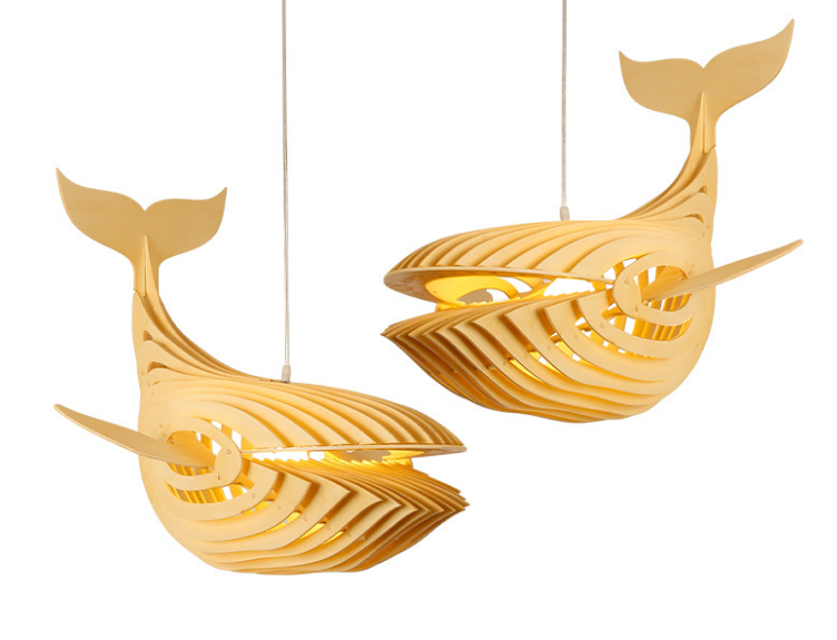 Whale-Shaped Wooden Veneer Pendant Light - Handcrafted Decorative Lamp