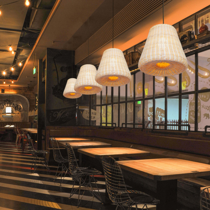Cone-Shaped Natural Rattan Pendant Light – Handwoven Ceiling Lamp for Restaurants, Cafes, Hotels