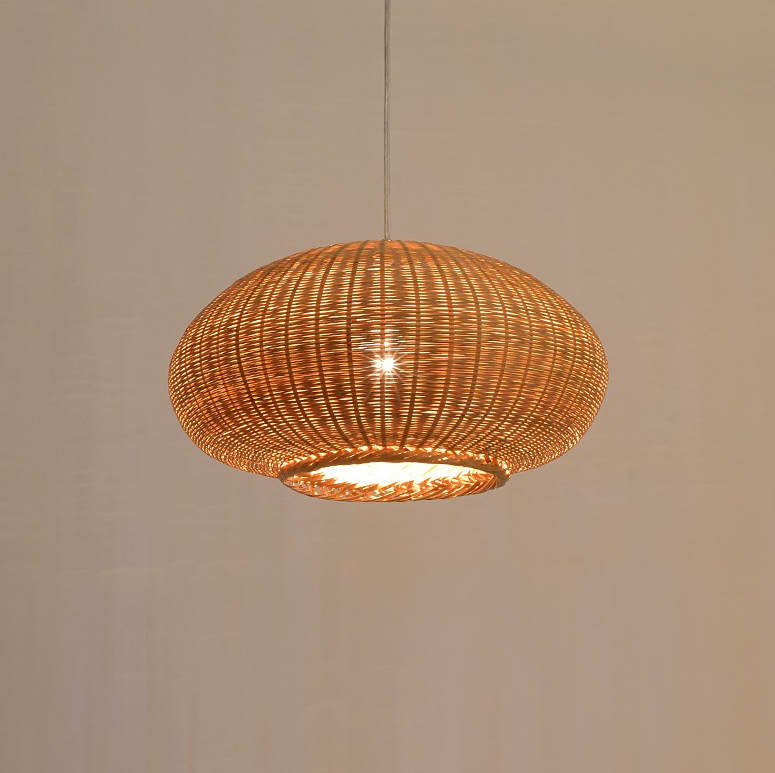 Flat Handwoven Rattan Pendant Light – Natural Wicker Hanging Lamp for Dining, Hotels & B&B Decor