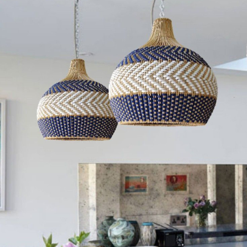 Modern Boho Woven Pendant Light – Black & White Rattan Hanging Lamp for Dining and Living Room