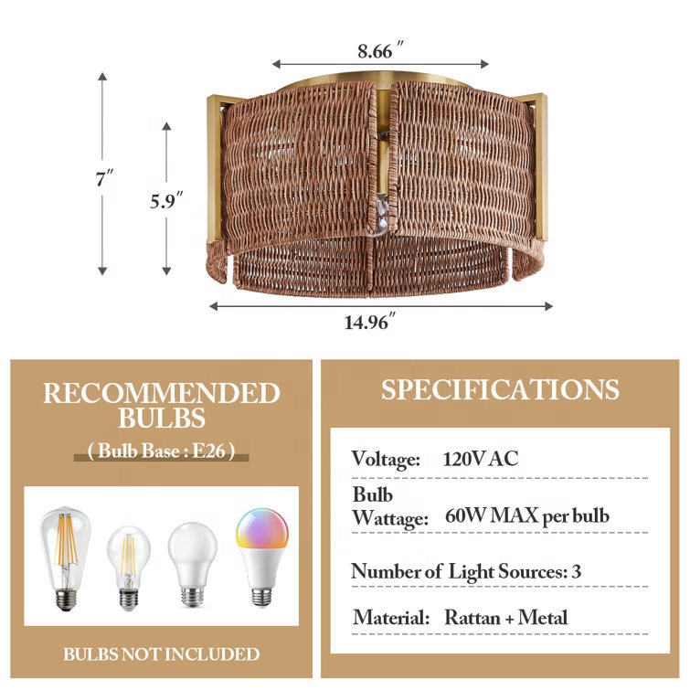 Modern Woven Rattan Ceiling Light Fixture for Living Room and Bedroom