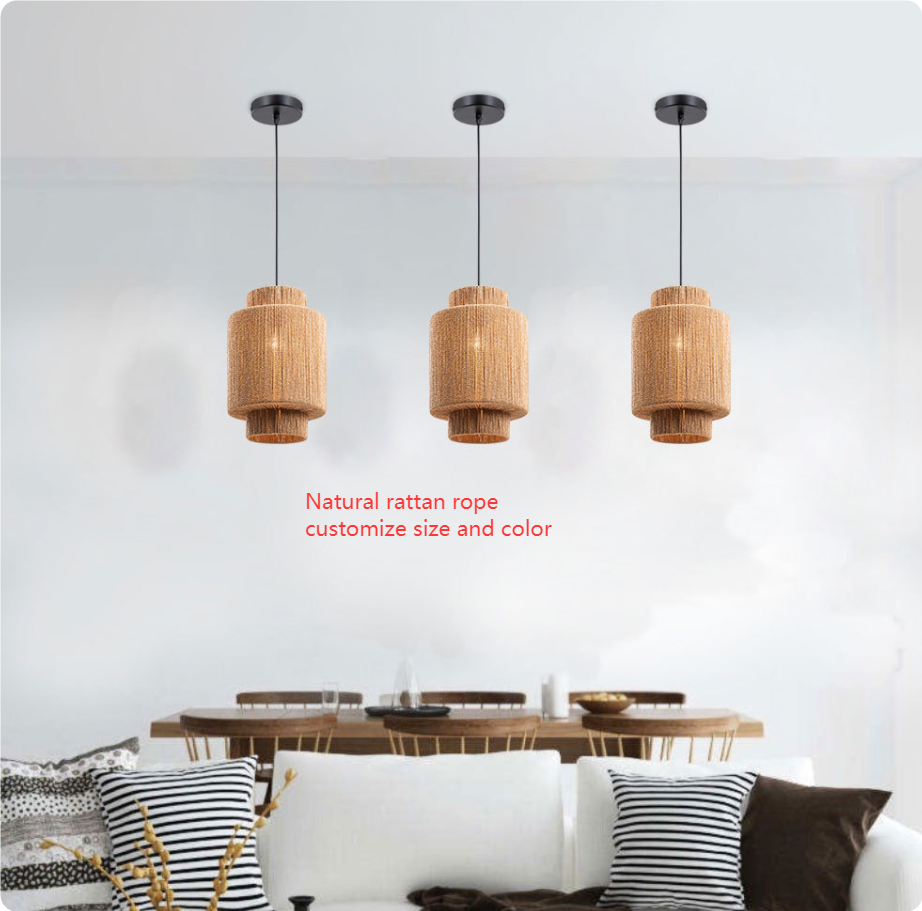 Set of 3 Rattan Pendant Lights, Layered Cylindrical Wicker Hanging Lamps, Modern Boho Lighting