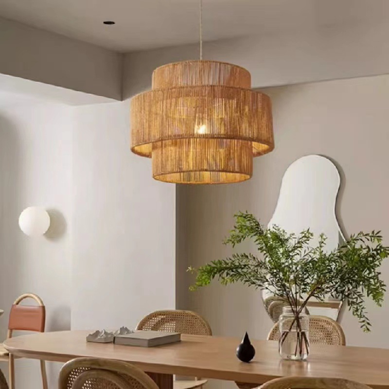 Triple-Layer Handwoven Rope Pendant Light – Natural Rattan Ceiling Lamp