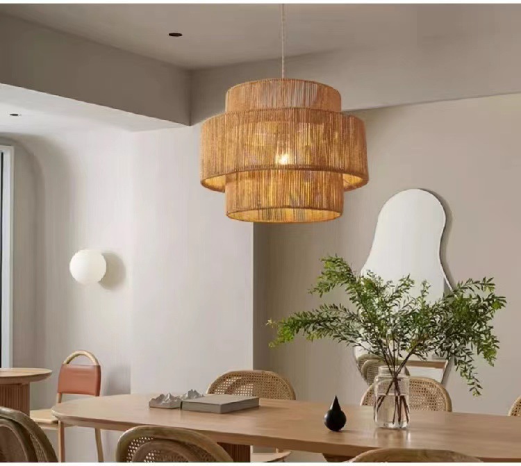 Triple-Layer Handwoven Rope Pendant Light – Natural Rattan Ceiling Lamp