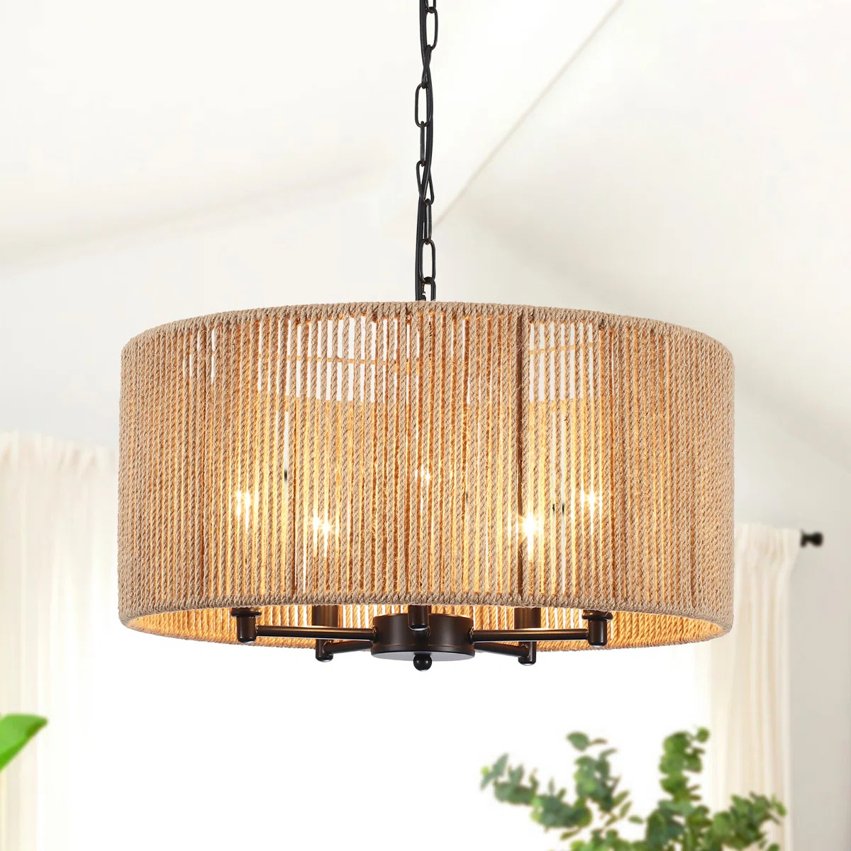 Large Drum-Shaped Handwoven Rope Chandelier Pendant Light