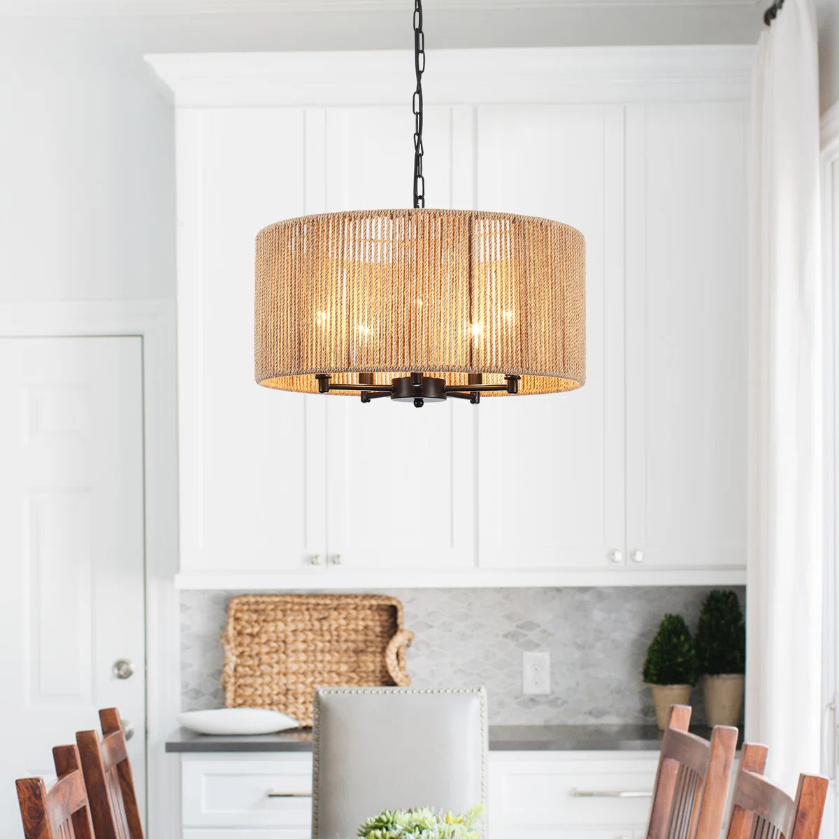 Large Drum-Shaped Handwoven Rope Chandelier Pendant Light