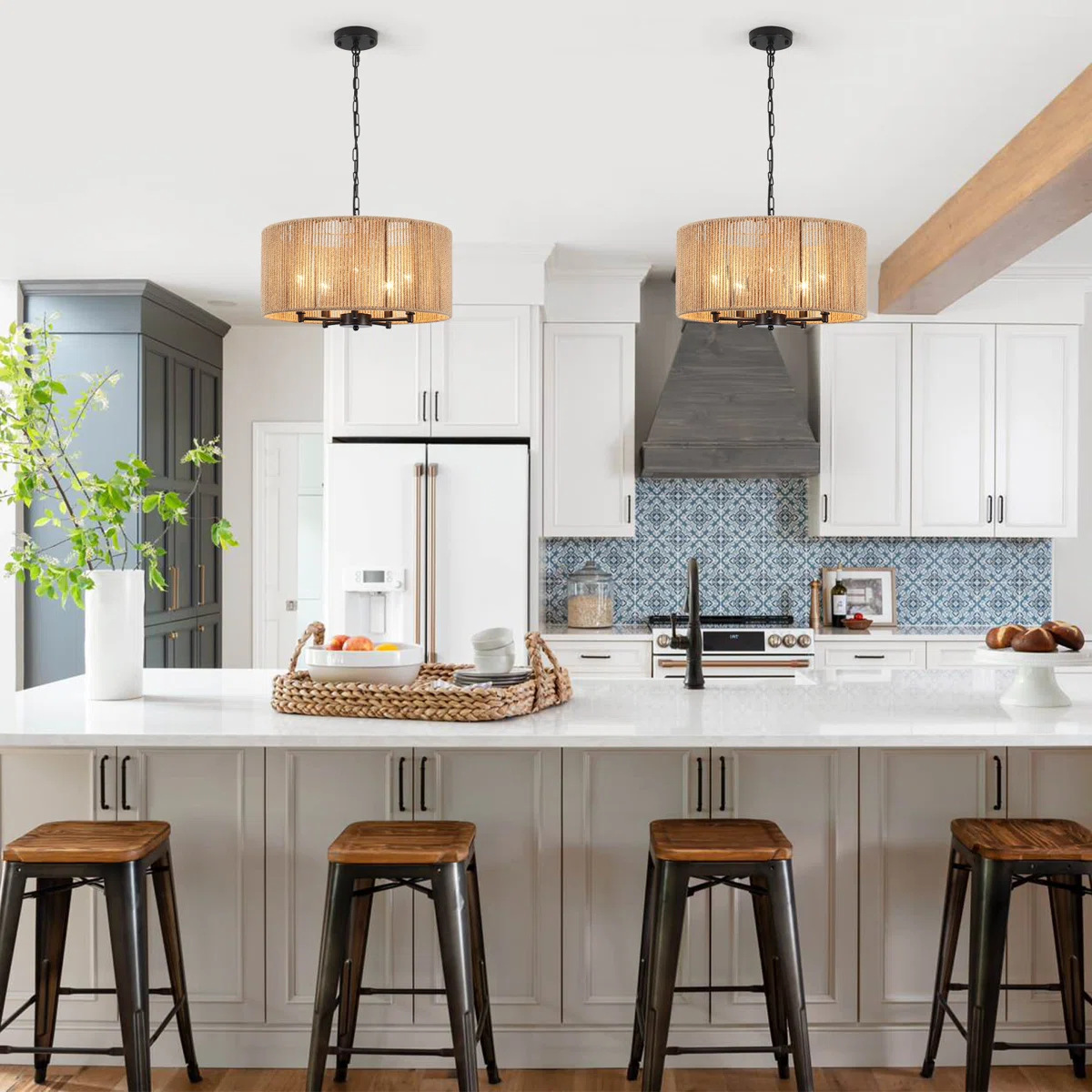Large Drum-Shaped Handwoven Rope Chandelier Pendant Light