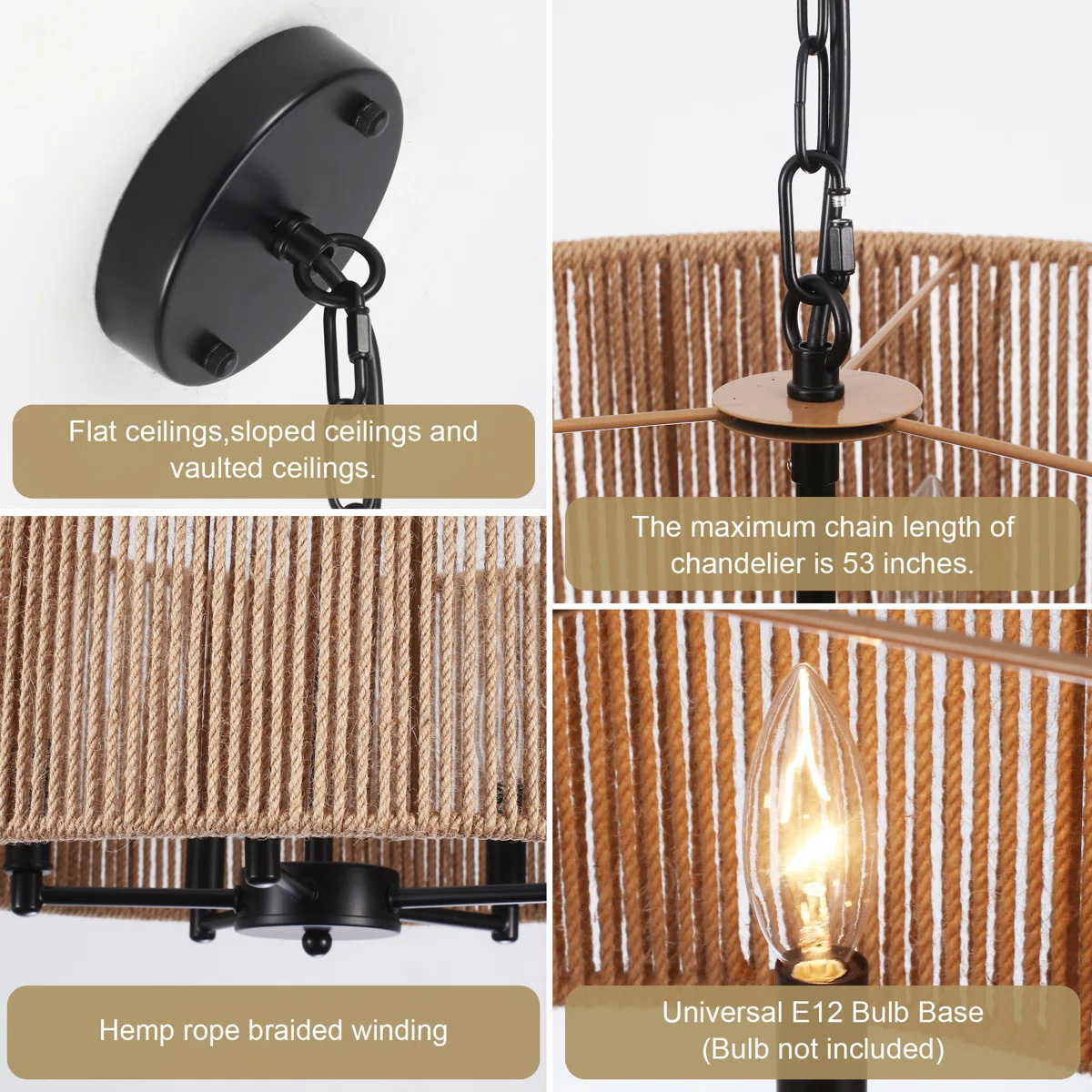 Large Drum-Shaped Handwoven Rope Chandelier Pendant Light