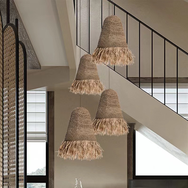 Boho Handmade Woven Rattan Pendant Light with Fringe for Living Room, Bedroom, or Cafe