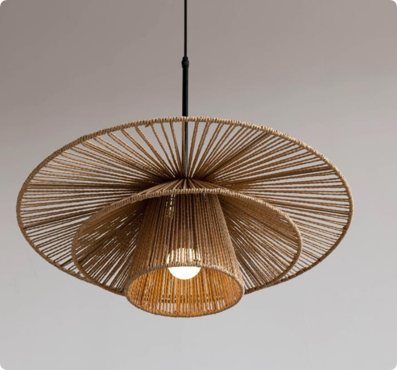 Handmade Rattan Rope Woven Pendant Light – Wide Brim Natural Hanging Ceiling Lamp