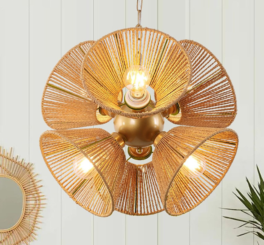 Handwoven Rustic Rattan Cone Pendant Light Vintage Natural Hanging Lamp for Restaurant Hotel Cafe