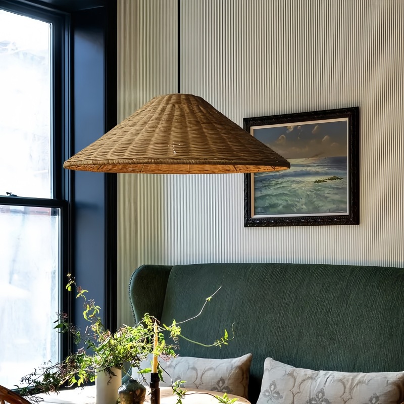 Handwoven Rattan Pendant Light Shade – Boho Rustic Hanging Ceiling Lamp