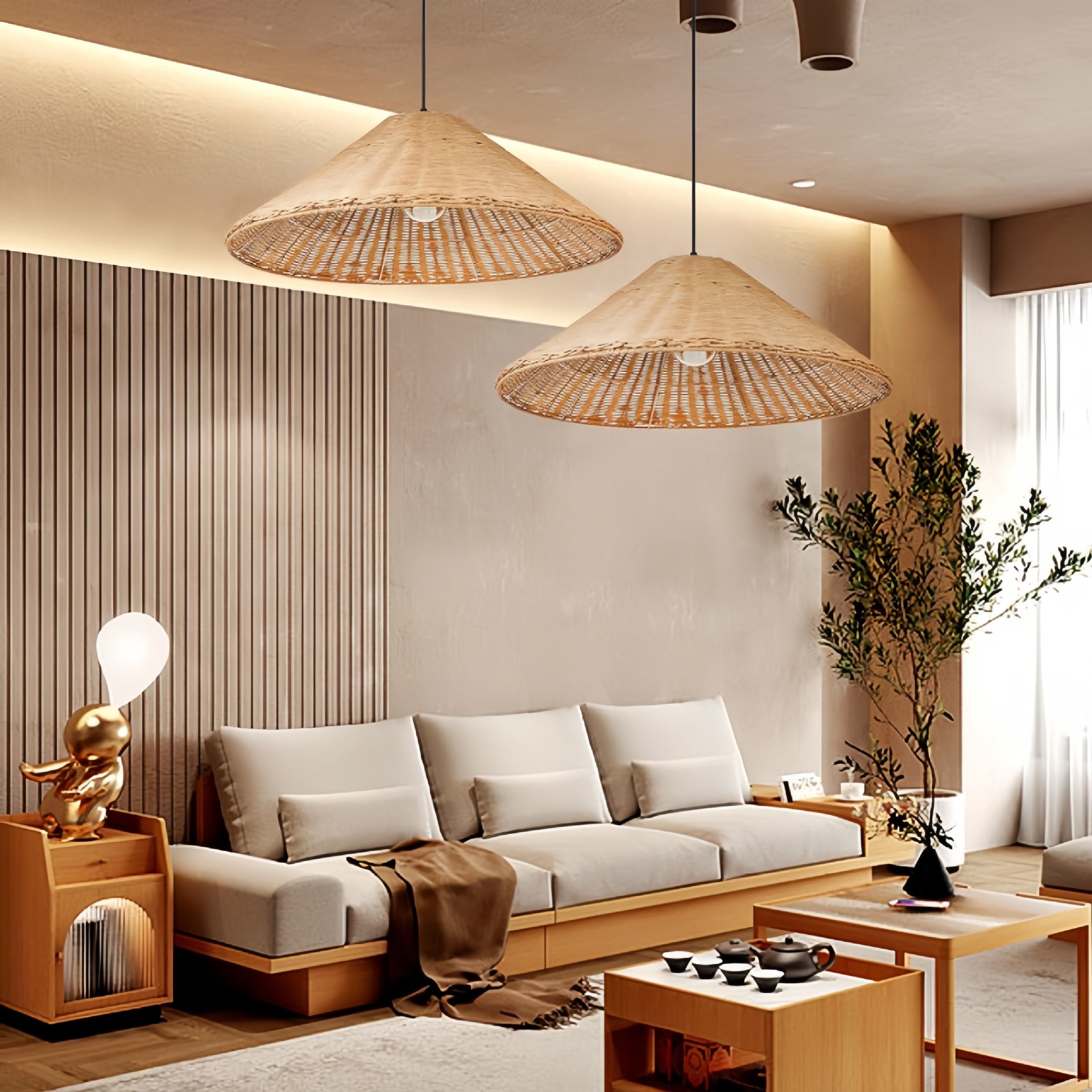 Handwoven Rattan Pendant Light Shade – Boho Rustic Hanging Ceiling Lamp