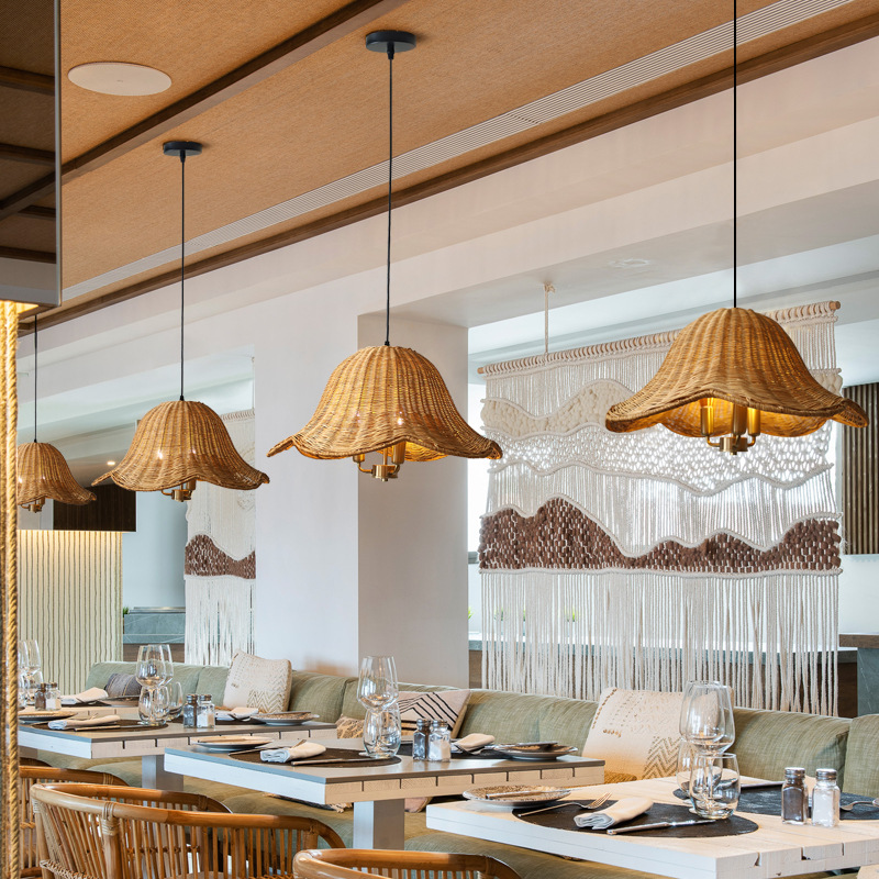 Vintage Woven Rattan Pendant Light with Scalloped Lampshade