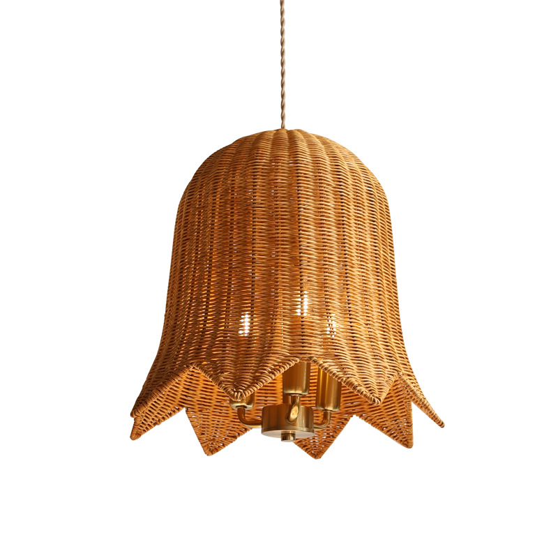 Vintage Woven Rattan Pendant Light with Scalloped Lampshade