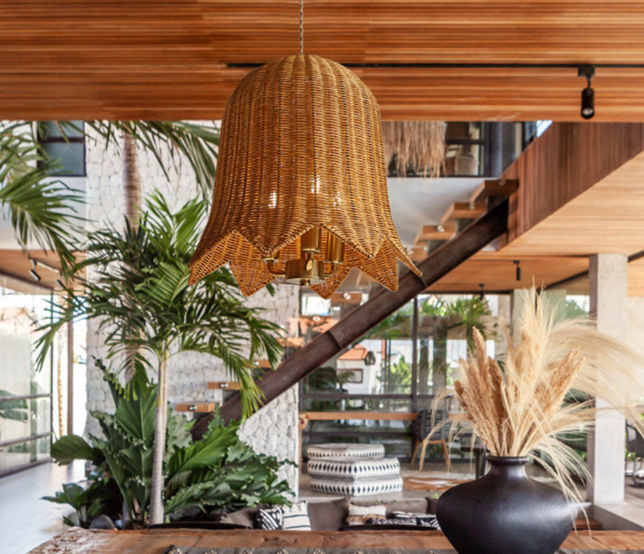 Vintage Woven Rattan Pendant Light with Scalloped Lampshade