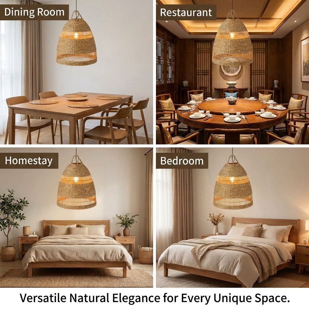 Handwoven Natural Rattan Pendant Light Boho Hanging Ceiling Lamp for Bedroom Living Room Hotel Decor