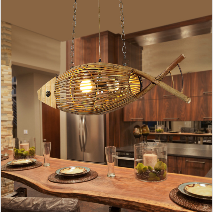 Handwoven Bamboo Fish Pendant Light | Natural Rattan Ceiling Lamp for Dining, Cafe, Bar