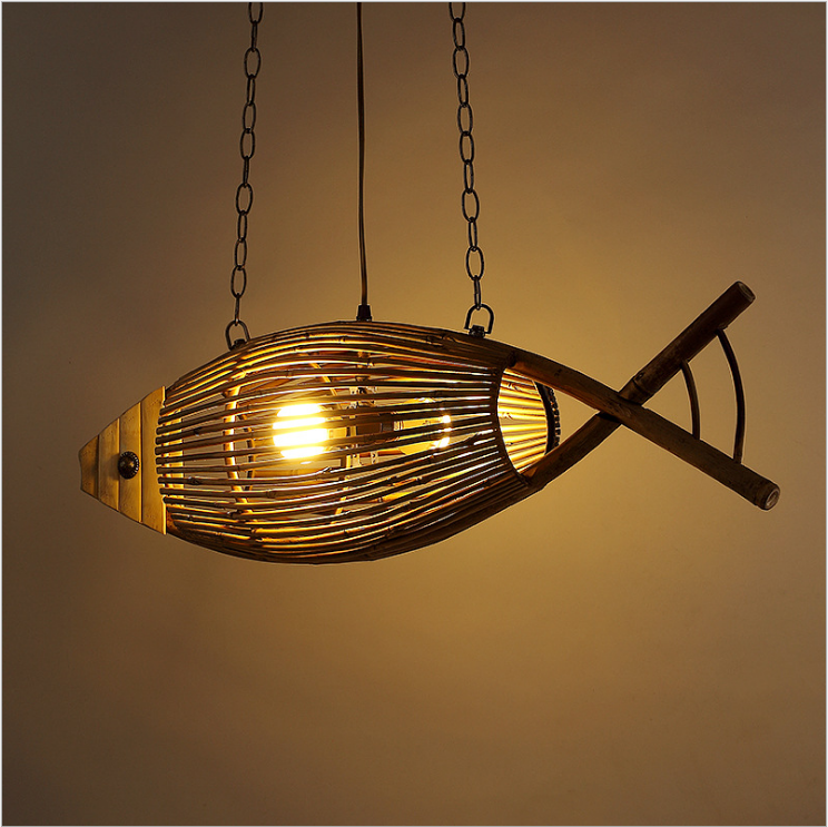 Handwoven Bamboo Fish Pendant Light | Natural Rattan Ceiling Lamp for Dining, Cafe, Bar