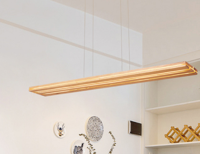 Modern Long Wooden LED Pendant Light – Linear Ceiling Lamp for Dining Room and Office