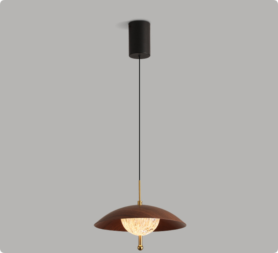 Vintage Walnut Wood Pendant Light with Handcrafted Glass Shade for Dining Room and Living Room