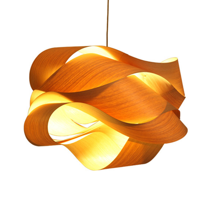 Modern Wood Veneer Pendant Light | Twisted Sculptural Hanging Lamp for Dining & Living Room