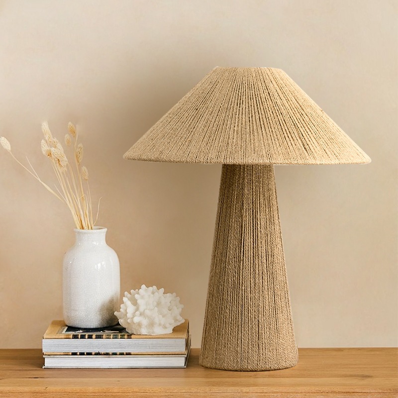 Handwoven Natural Rattan Table Lamp – Boho Rustic Decorative Bedside Light