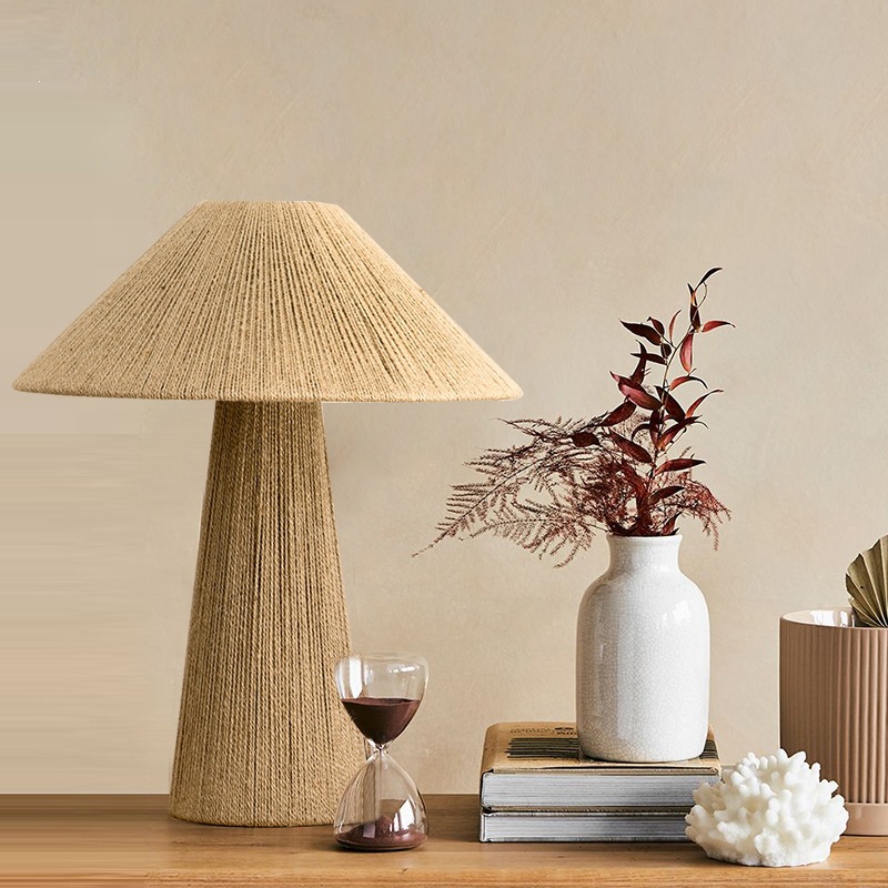 Handwoven Natural Rattan Table Lamp – Boho Rustic Decorative Bedside Light