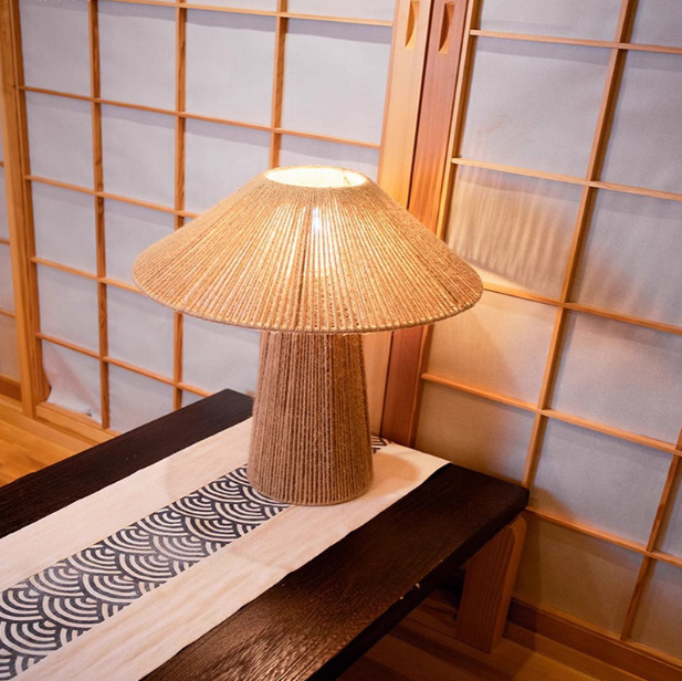Handwoven Natural Rattan Table Lamp – Boho Rustic Decorative Bedside Light