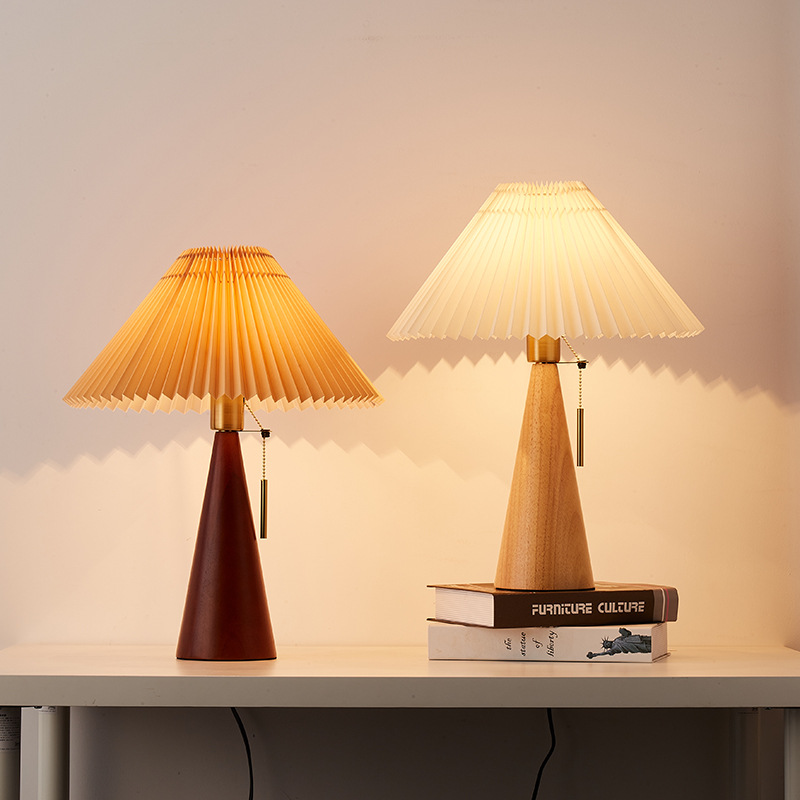 Solid Wood Table Lamp – Minimalist Bedside Desk Light with Pleated Shade