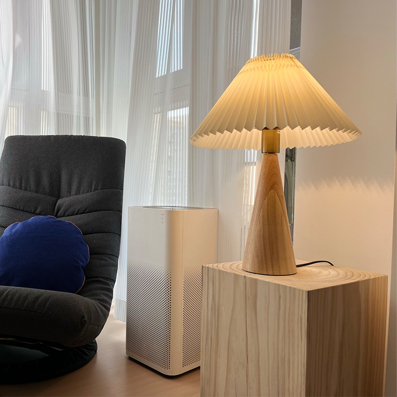 Solid Wood Table Lamp – Minimalist Bedside Desk Light with Pleated Shade